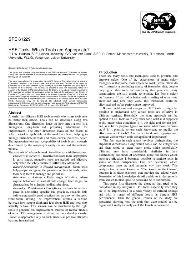 (PDF) HSE Tools Which Tools are Appropriate? Dianne Parker