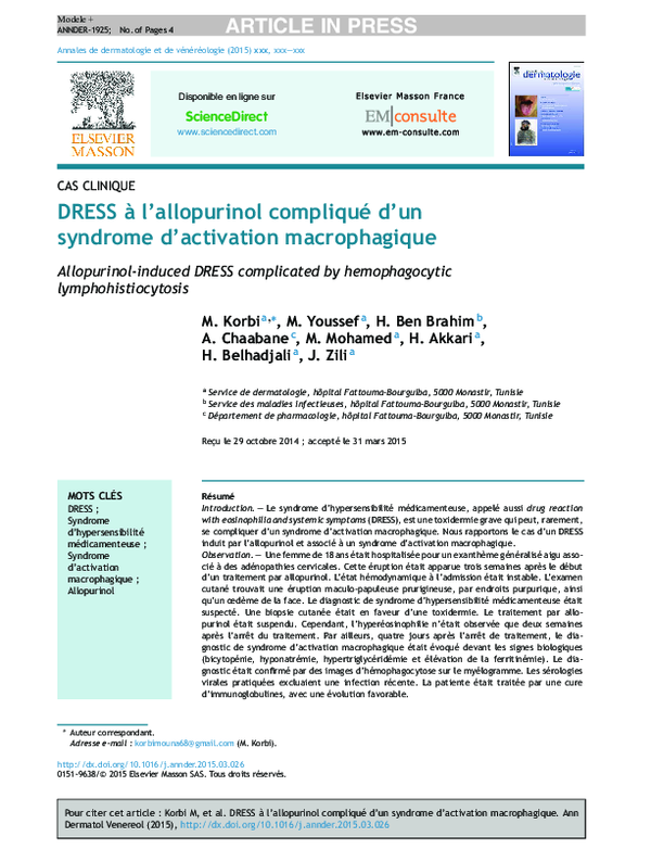 (PDF) DRESS à l’allopurinol compliqué d’un syndrome d’activation