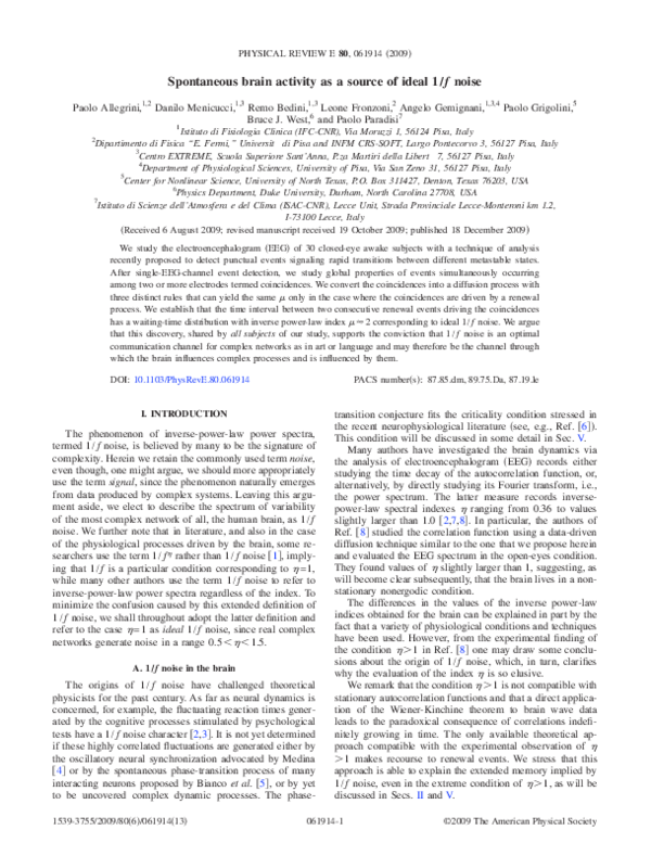 (PDF) Spontaneous brain activity as a source of ideal 1/f noise