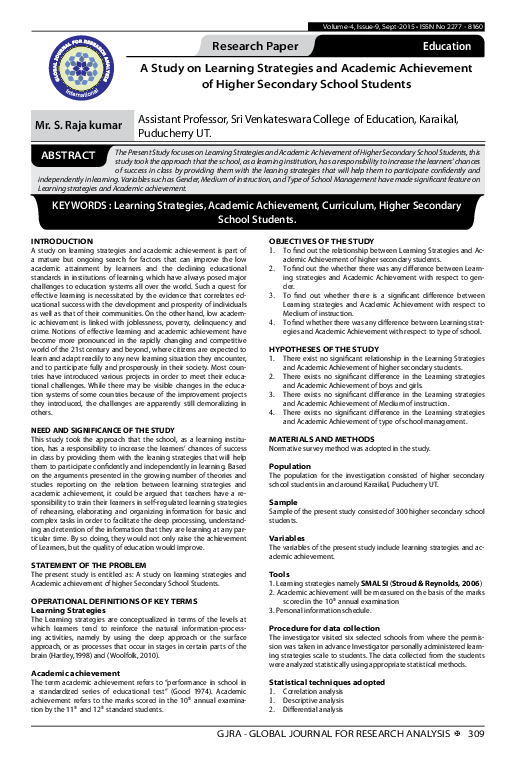 (PDF) A Study on Learning Strategies and Academic Achievement of Higher ...