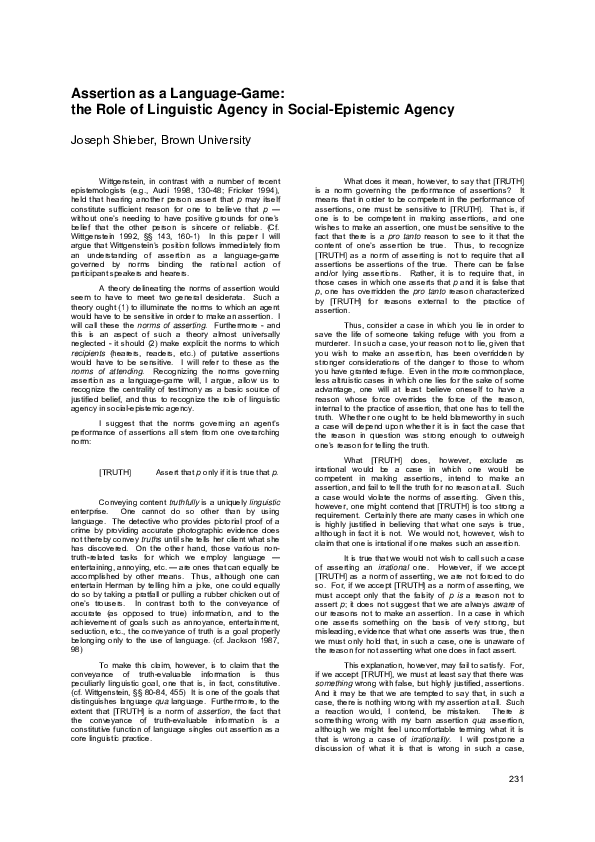 (PDF) Assertion as a LanguageGame the Role of Linguistic Agency in