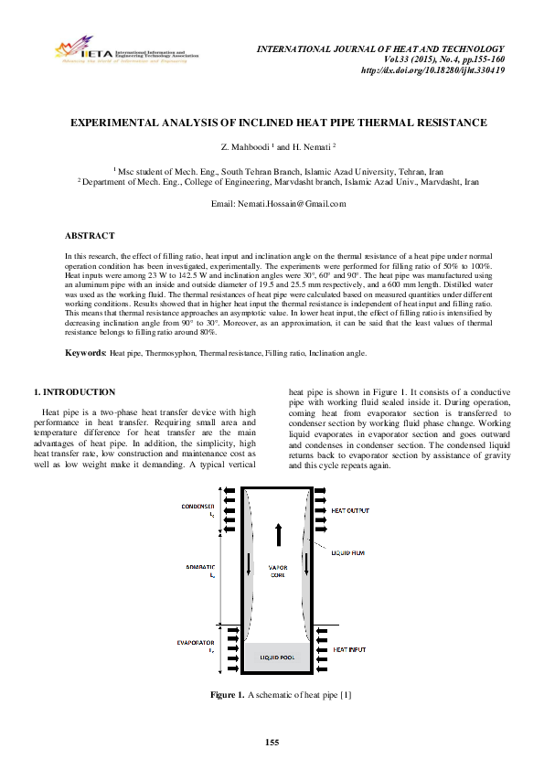 (PDF) EXPERIMENTAL ANALYSIS OF INCLINED HEAT PIPE THERMAL RESISTANCE