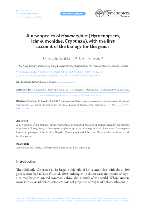 (PDF) A new species of Hadrocryptus (Hymenoptera: Ichneumonidae ...