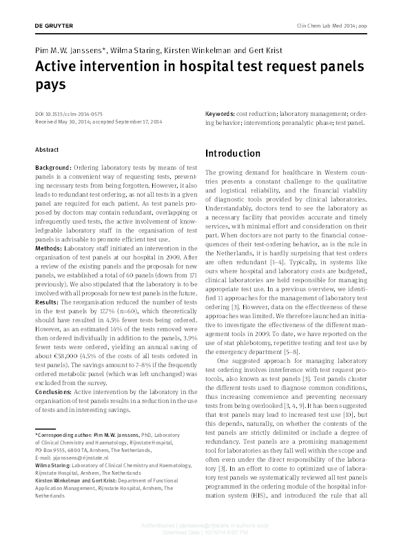 (PDF) Optimizing Hospital Test Panels: Active Laboratory Intervention