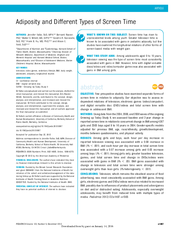 (PDF) Adiposity and different types of screen time Kendrin Sonneville