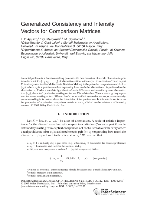 (PDF) Generalized consistency and intensity vectors for comparison matrices
