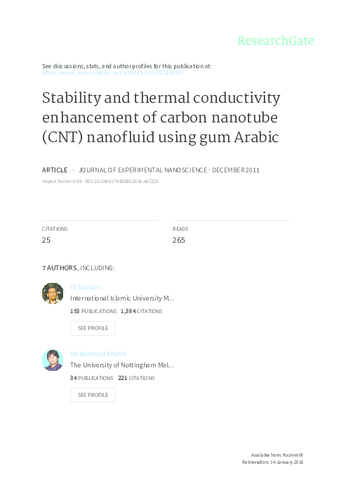 (PDF) Stability and thermal conductivity enhancement of carbon nanotube ...