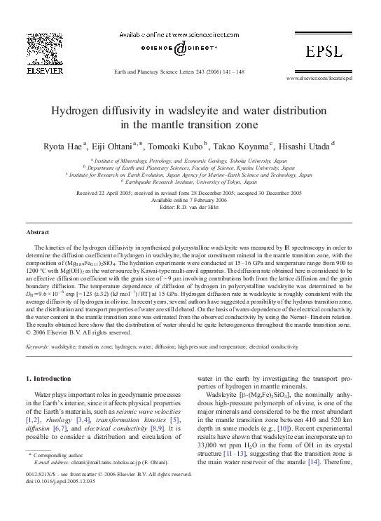 (PDF) Hydrogen diffusivity in wadsleyite and water distribution in the ...