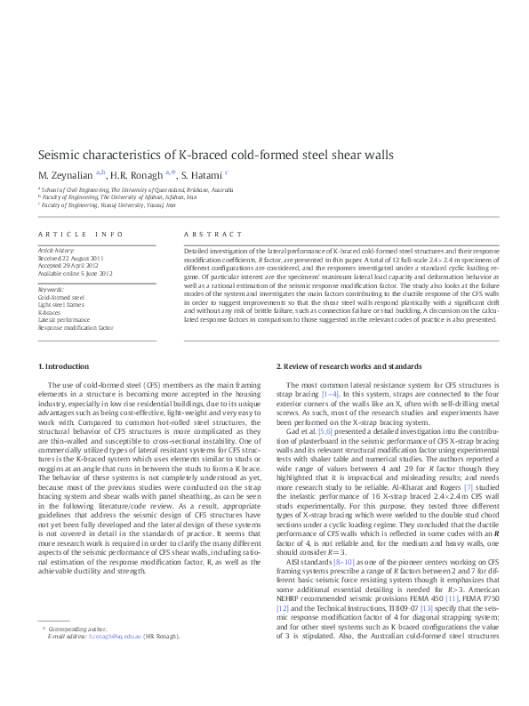 (PDF) Seismic characteristics of K-braced cold-formed steel shear walls