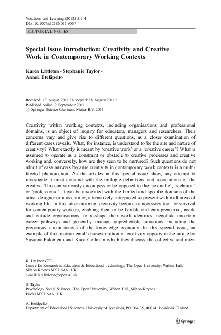 (PDF) Special Issue Introduction: Creativity and Creative Work in ...