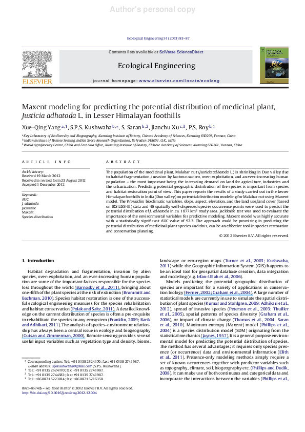 (PDF) Maxent modeling for predicting the potential distribution of ...