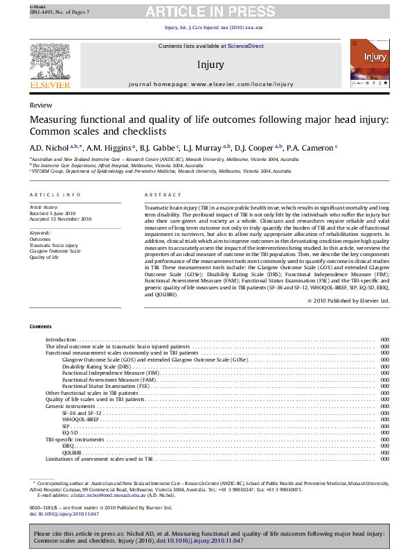 (PDF) Measuring functional and quality of life outcomes following major ...