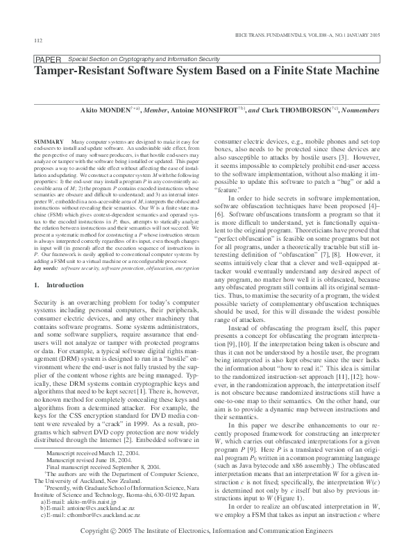 (PDF) TamperResistant Software System Based on a Finite State Machine Clark Thomborson and A
