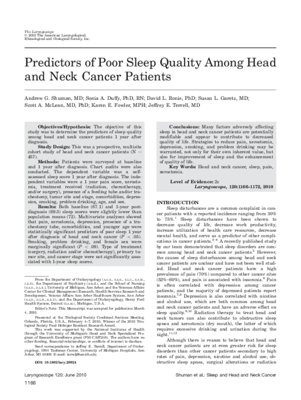 (PDF) Predictors of poor sleep quality among head and neck cancer patients