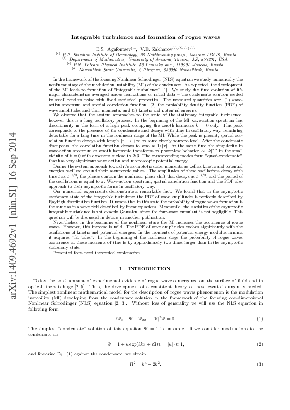 (PDF) Integrable turbulence and formation of rogue waves
