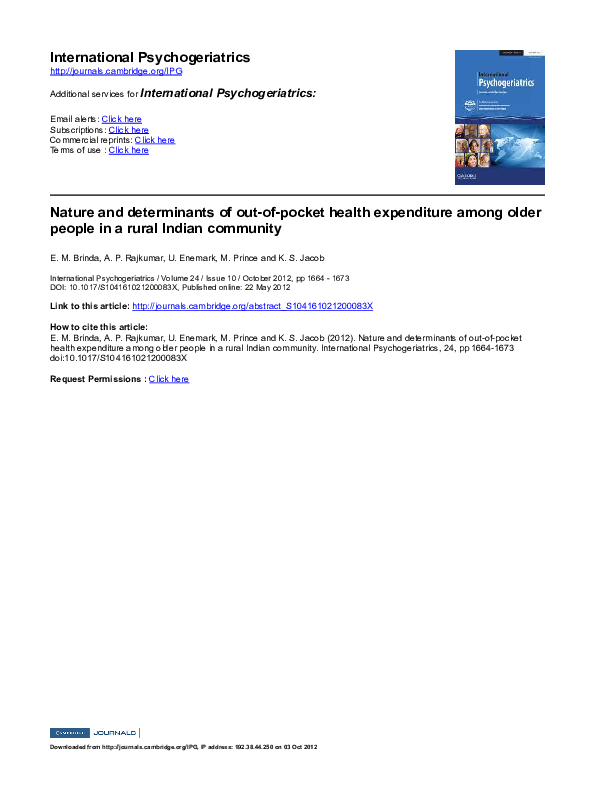 Pdf Nature And Determinants Of Out Of Pocket Health Expenditure Among Older People In A Rural Indian Community Ulrika Enemark And E Brinda Academia Edu