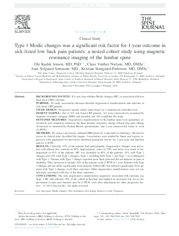  pdf type 1 modic changes was a significant risk factor for 1 year