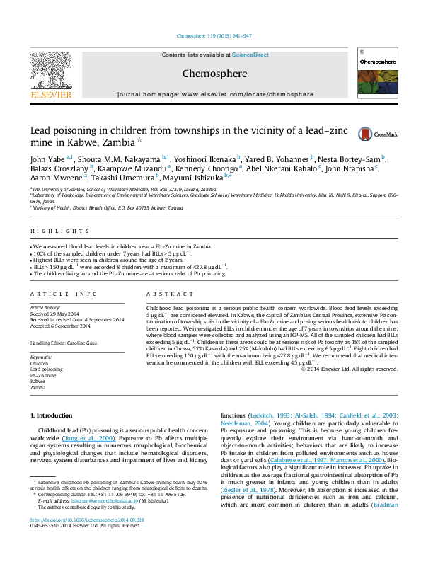 (PDF) Lead poisoning in children from townships in the vicinity of a