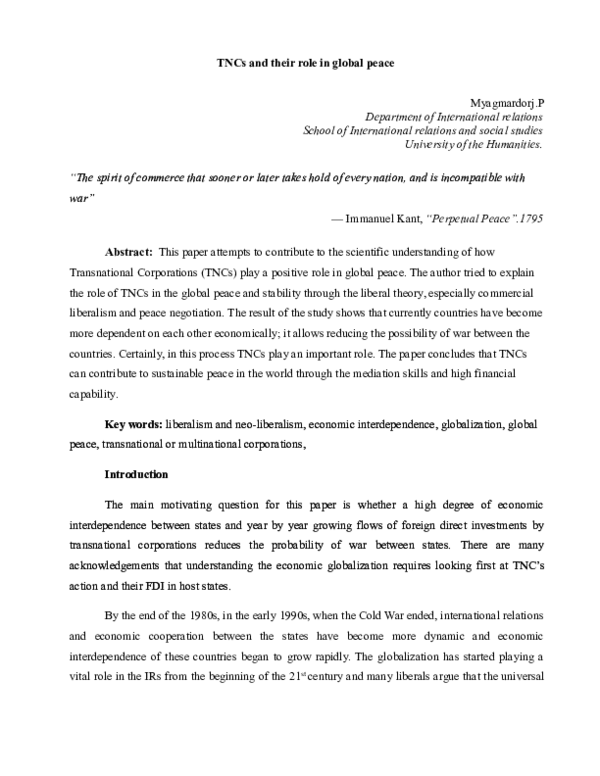 (DOC) TNCs and their role in global peace