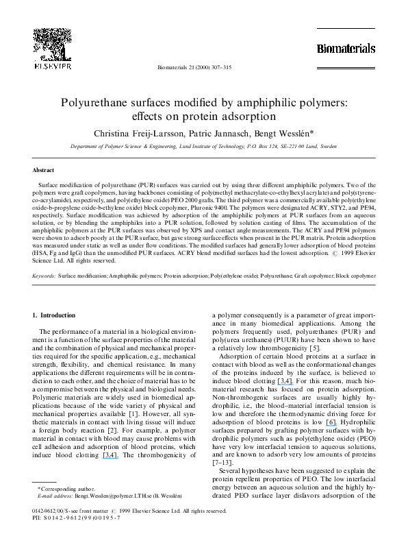  PDF Polyurethane Surfaces Modified By Amphiphilic Polymers Effects 