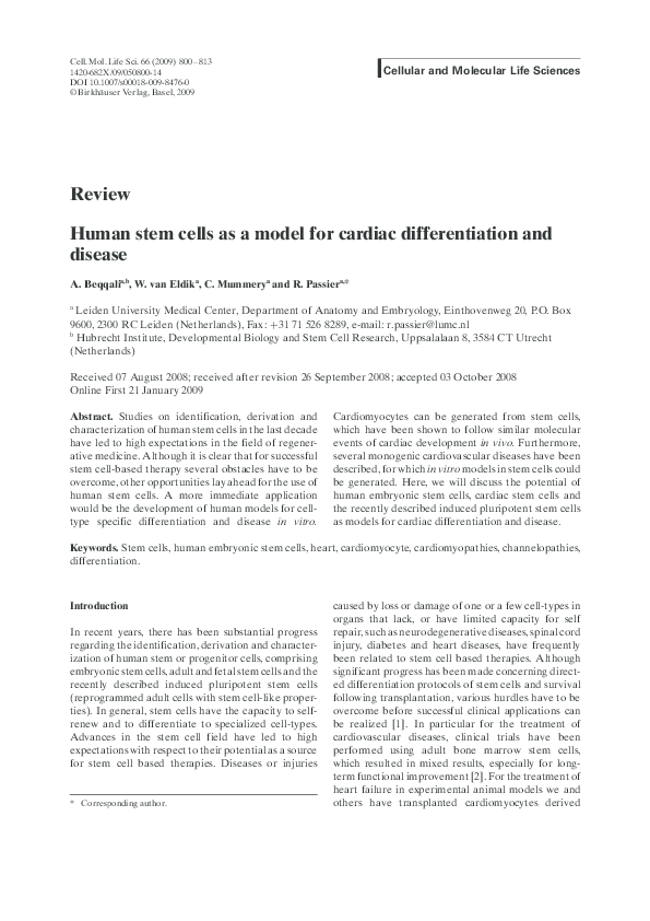 (PDF) Human stem cells as a model for cardiac differentiation and disease