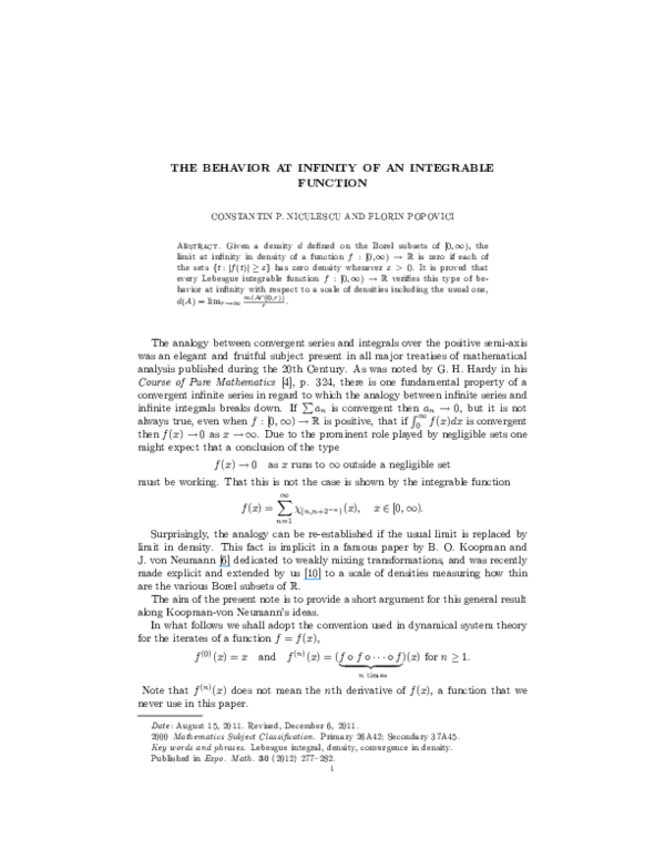 (PDF) The behavior at infinity of an integrable function