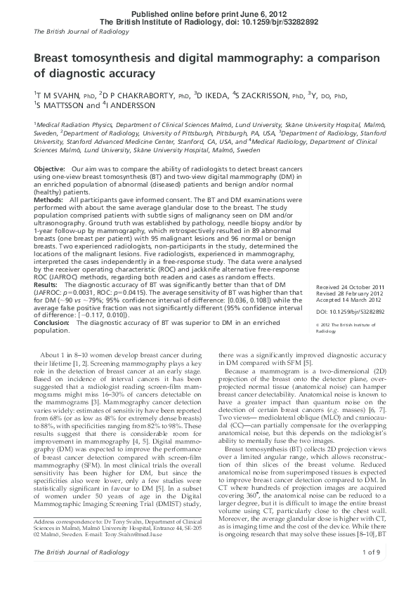 (PDF) Breast tomosynthesis and digital mammography: a comparison of ...