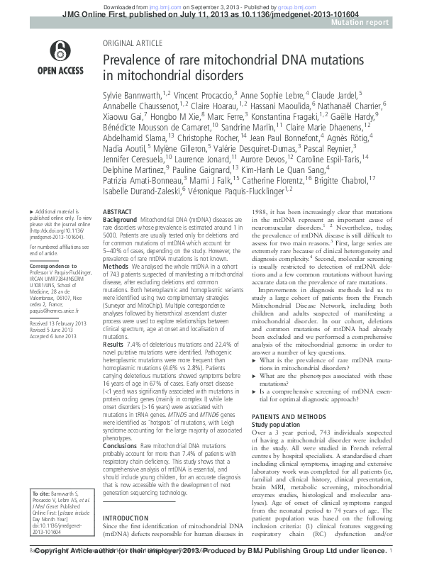 (PDF) Prevalence of rare mitochondrial DNA mutations in mitochondrial ...