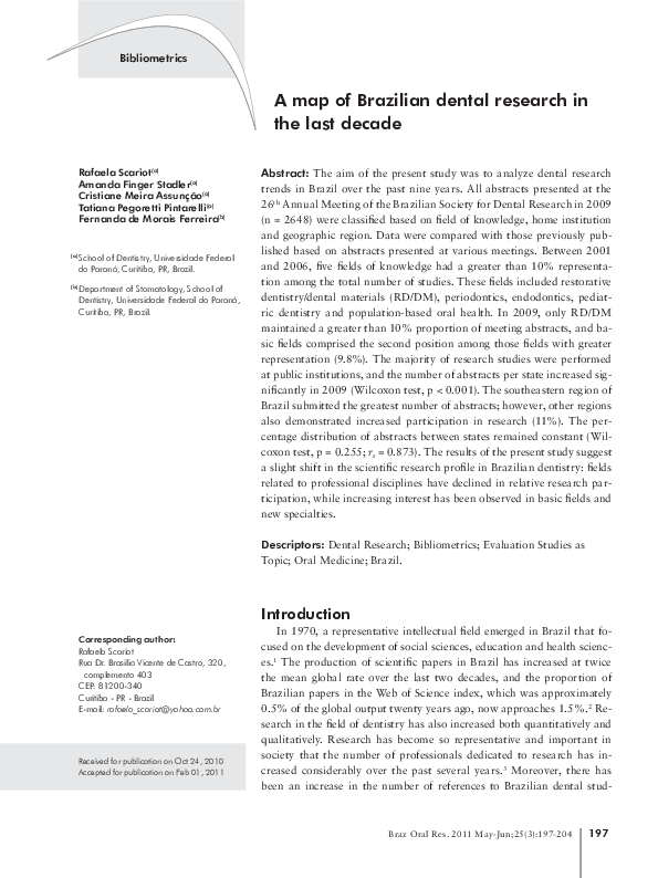 (PDF) A map of Brazilian dental research in the last decade Fernanda de Morais Ferreira and