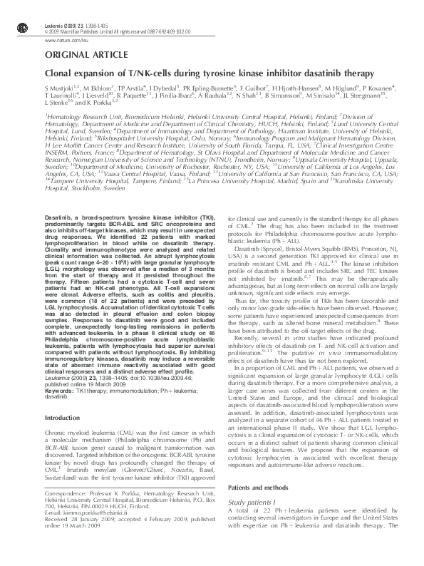 Pdf Clonal Expansion Of T Nk Cells During Tyrosine Kinase Inhibitor Dasatinib Therapy R Paquette Mattias Hoglund Jane Liesveld And Henrik Hjorth Hansen Academia Edu