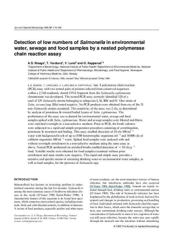(PDF) Detection of low numbers of Salmonella in environmental water ...