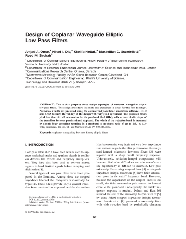 (PDF) Design of coplanar waveguide elliptic low pass filters