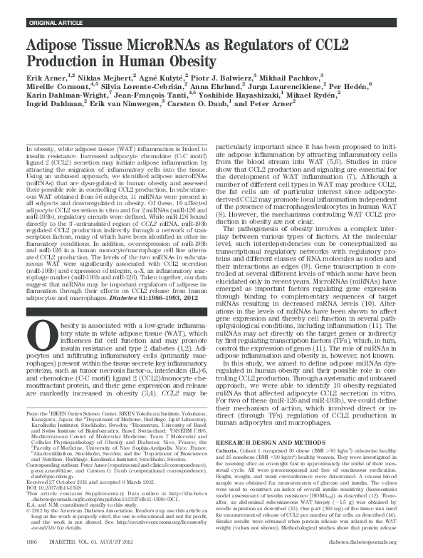 (PDF) Adipose Tissue MicroRNAs as Regulators of CCL2 Production in ...