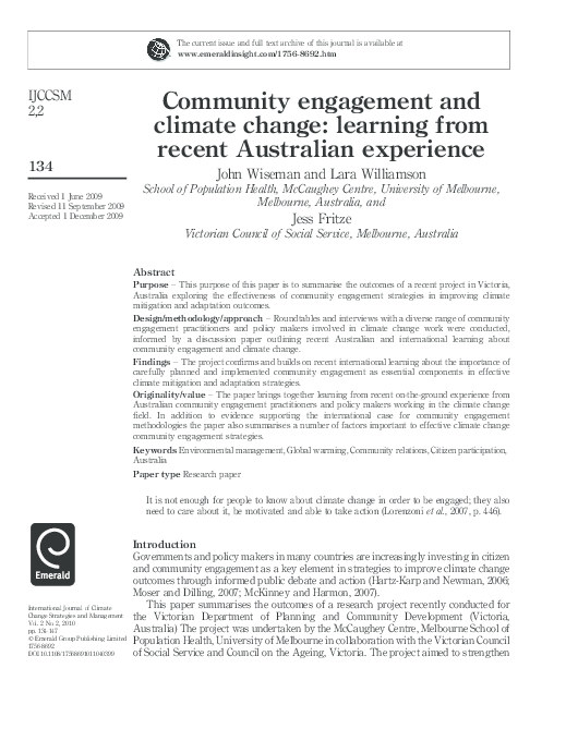 (PDF) Community engagement and climate change: learning from recent ...