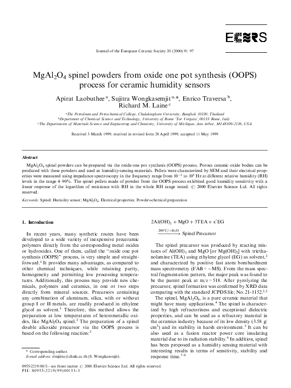 (PDF) MgAl2O4 spinel powders from oxide one pot synthesis (OOPS ...