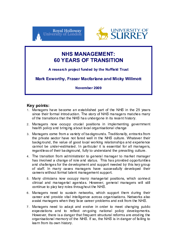 (PDF) NHS MANAGEMENT: 60 YEARS OF TRANSITION A research project funded ...