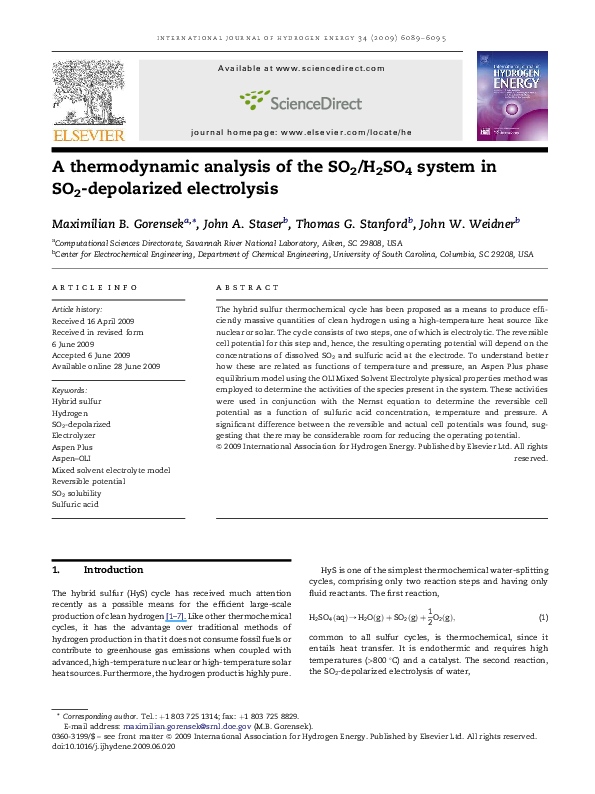 (PDF) A thermodynamic analysis of the SO2/H2SO4 system in SO2 ...