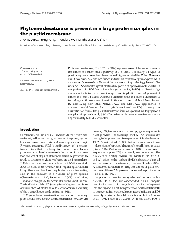 (PDF) Phytoene desaturase is present in a large protein complex in the ...