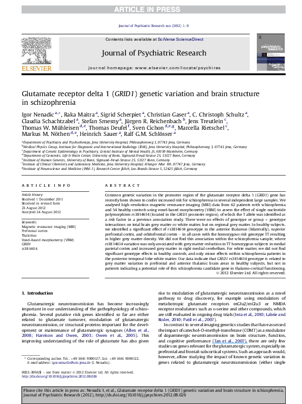 (PDF) Glutamate receptor delta 1 (GRID1) genetic variation and brain ...