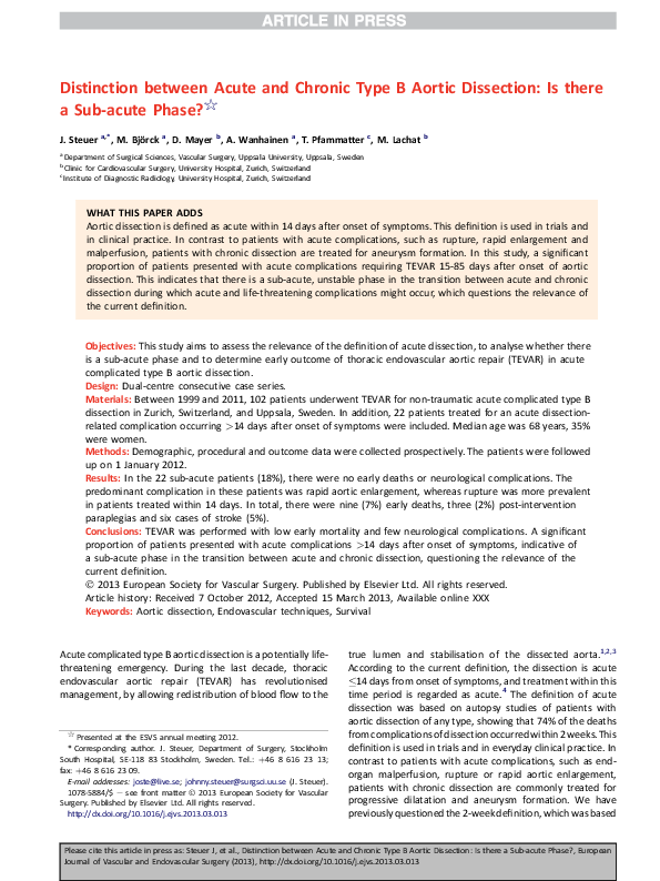 (PDF) Distinction between Acute and Chronic Type B Aortic Dissection ...