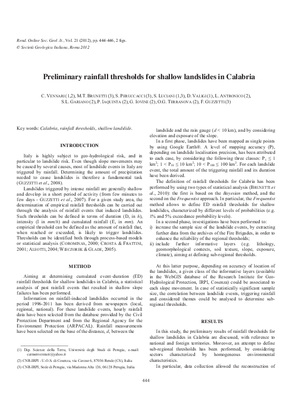 (PDF) Preliminary rainfall thresholds for shallow landslides in Calabria