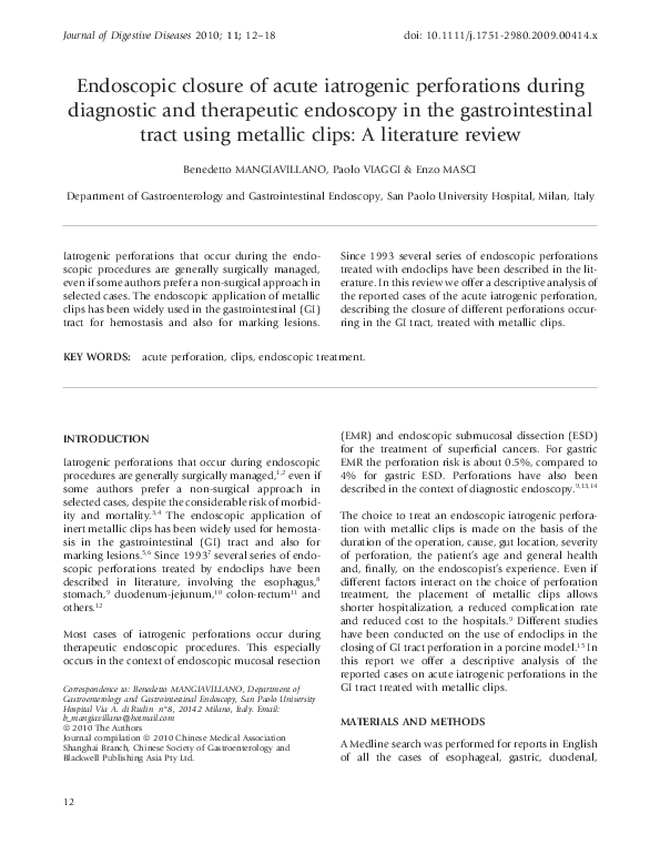 (PDF) Endoscopic closure of acute iatrogenic perforations during