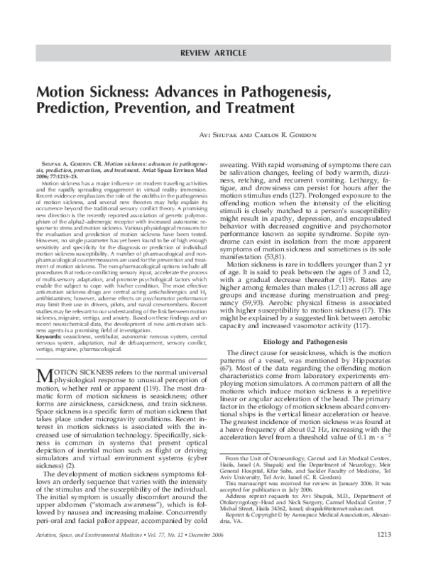 (PDF) Motion sickness advances in pathogenesis, prediction, prevention