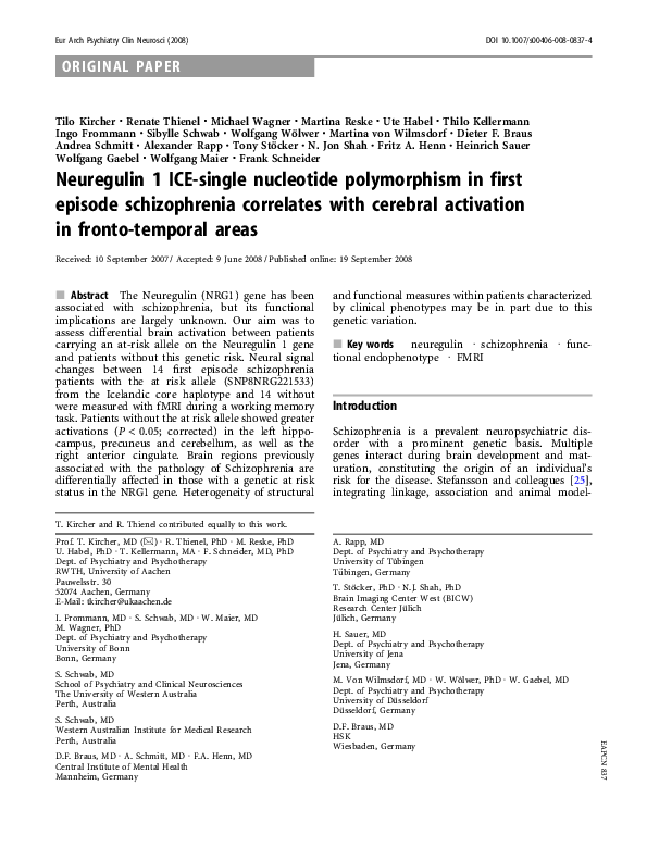 (PDF) Neuregulin 1 ICE-single nucleotide polymorphism in first episode ...