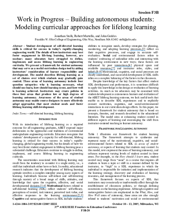 (PDF) Work in progress - building autonomous students: Modeling ...