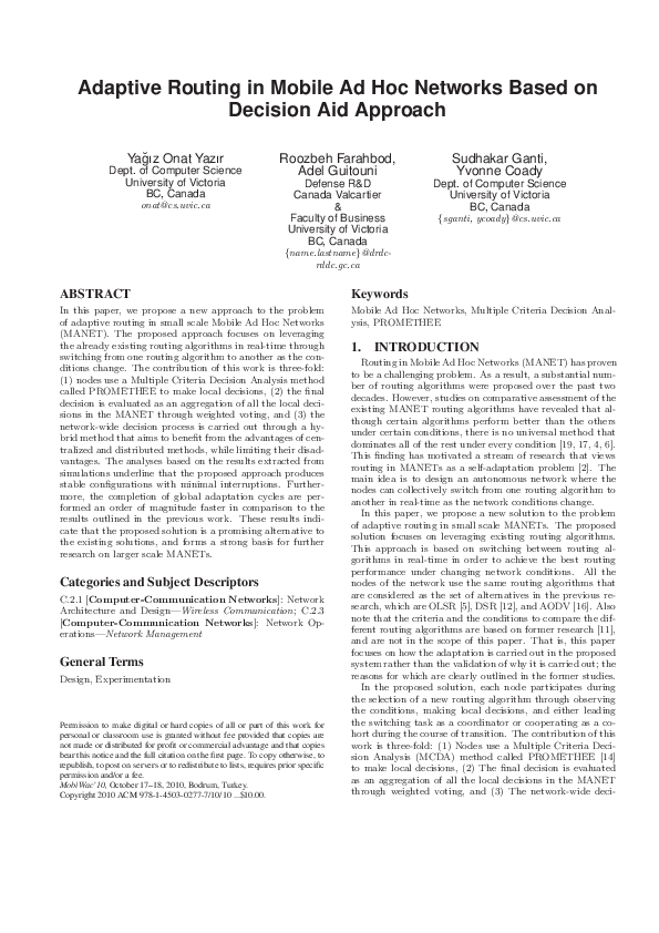 (PDF) Adaptive routing in mobile ad hoc networks based on decision aid ...