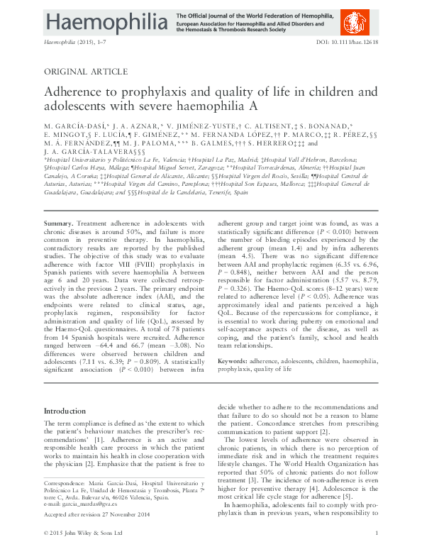 (PDF) Adherence to prophylaxis and quality of life in children and ...