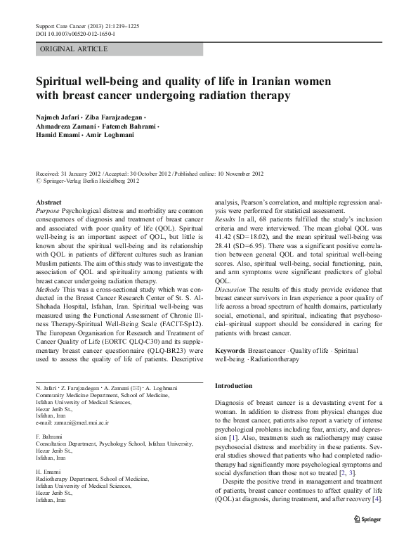(PDF) Spiritual well-being and quality of life in Iranian women with ...