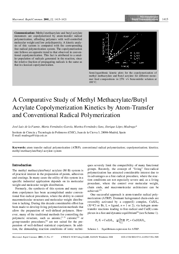 (PDF) A Comparative Study of Methyl Methacrylate/Butyl Acrylate Copolymerization by