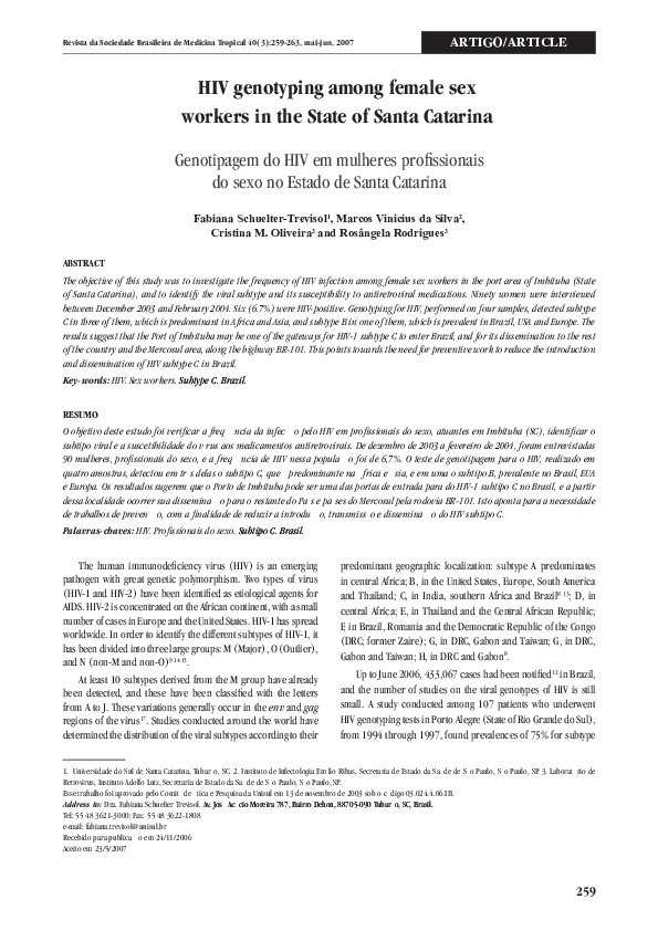 (PDF) HIV genotyping among female sex workers in the State of Santa ...